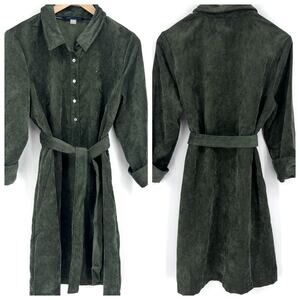 Tommy Hilfiger Womens Olive Green Corduroy Shirt Dress Belted Button Up Size 10